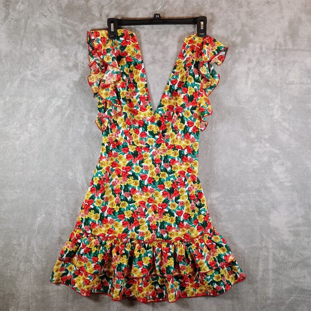 Women's Floral Print Ruffle V-Neck Mini Dress Size Medium
